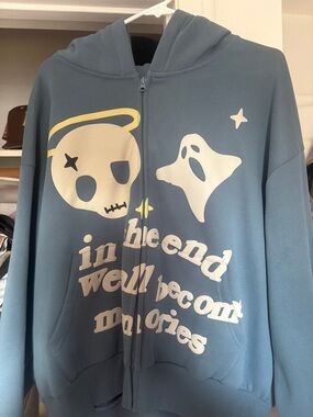 Blue PacSun Graphic Zip-Up Hoodie with Cream Prints